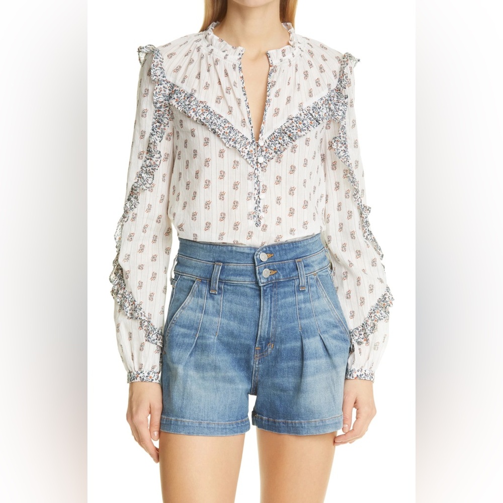 Veronica Beard Abra Tie Neck Cotton Blouse, Size 6 in White Multi